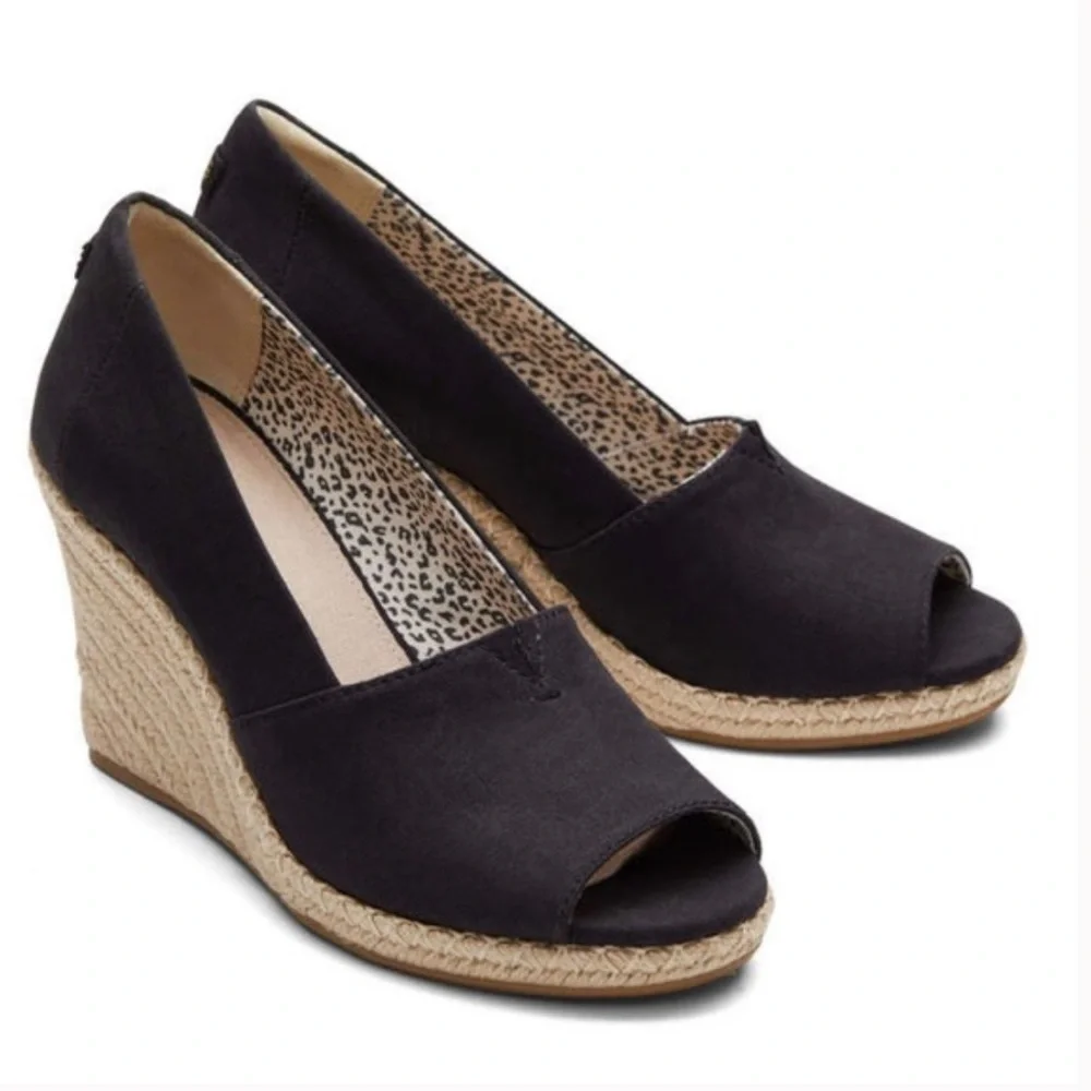 NWOT TOMS | Women’s Black Canvas Peep-Toe Michelle Wedge Espadrille Heels Sz 12